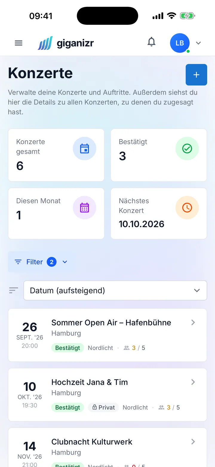 Konzertliste auf dem iPhone mit Datum, Status und Zusagen