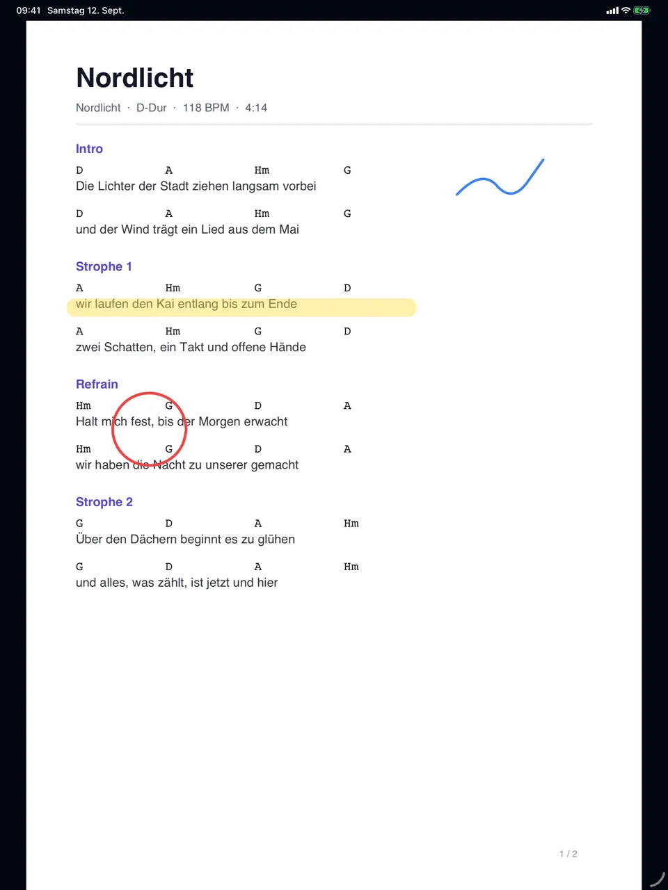 giganizr Stage auf dem iPad: Noten mit handschriftlichen Markierungen