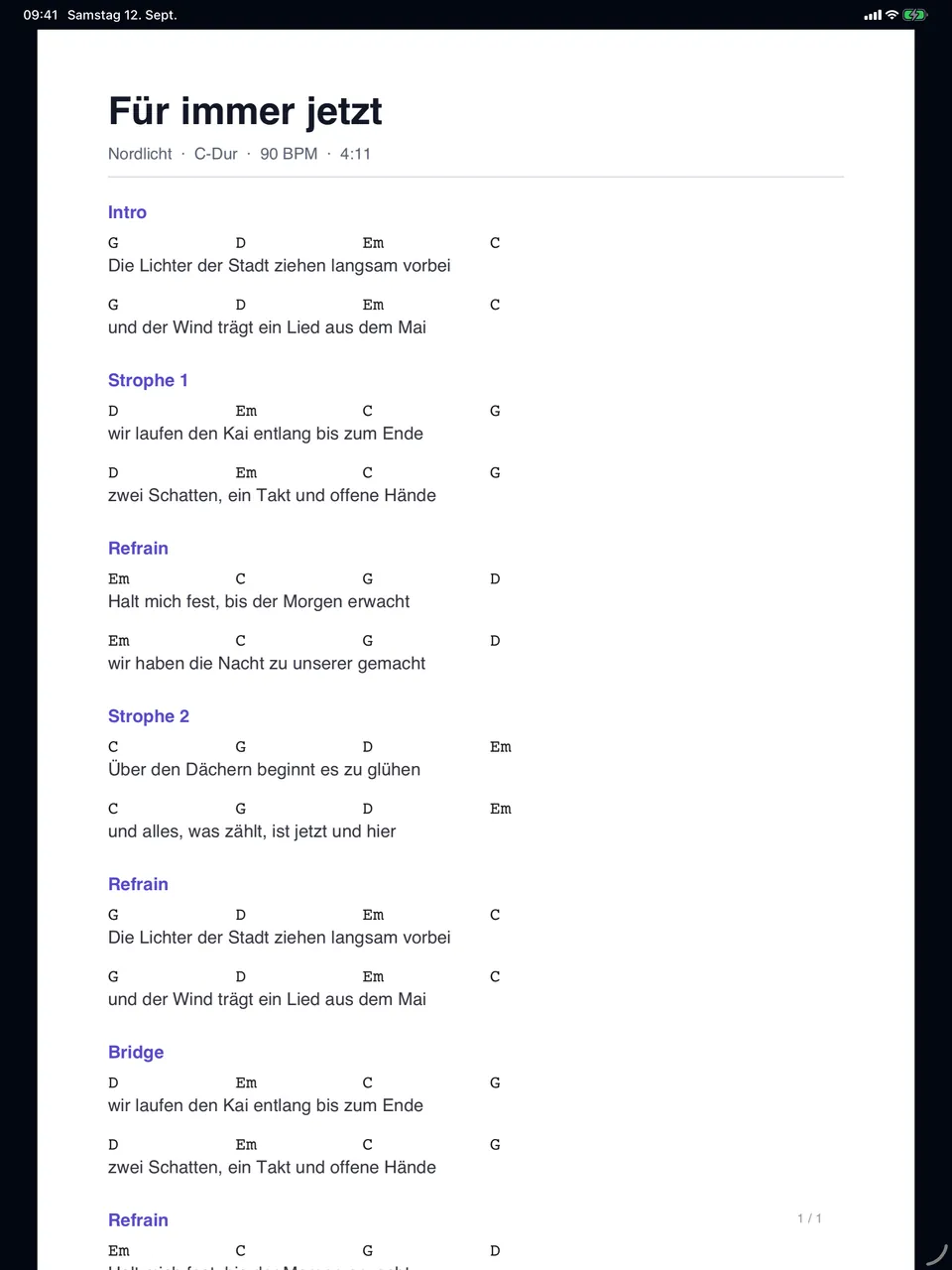 giganizr Stage auf dem iPad mit einem Song aus der Hochzeits-Setlist