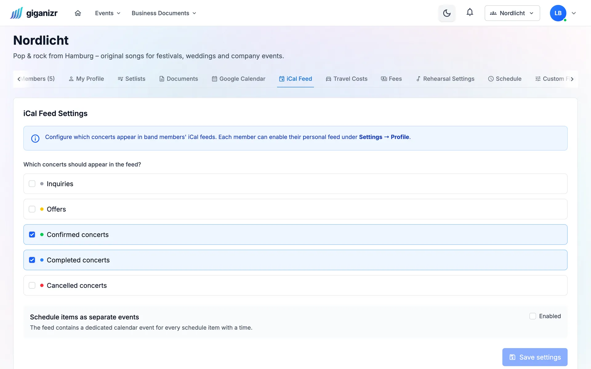 Calendar subscription settings: confirmed and completed concerts appear in the calendar