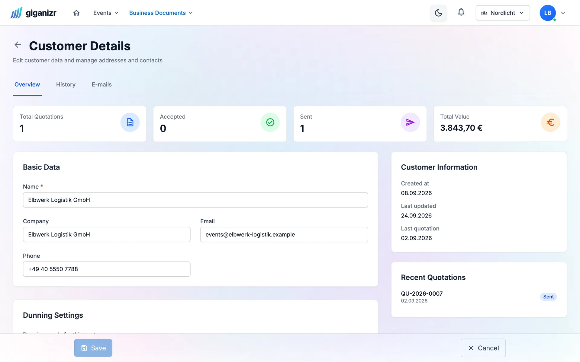 Client record with number of quotes, total value, basic data and recent quotes