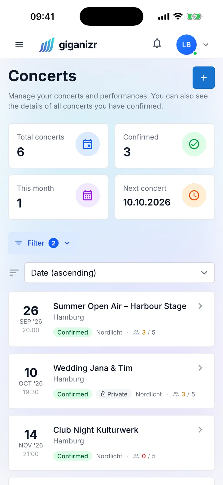 Concert list on the iPhone with date, status and confirmations