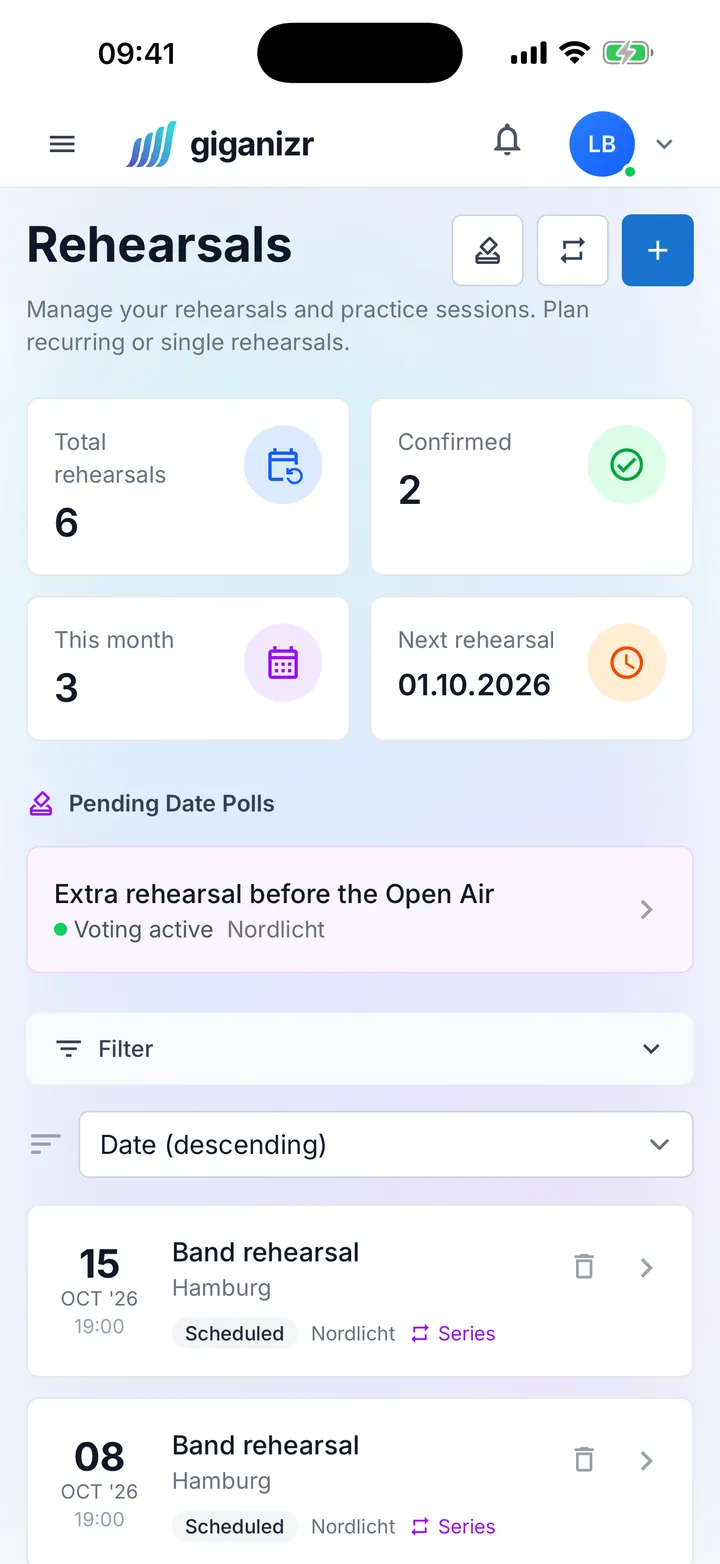 Rehearsal overview on the iPhone with a running date poll