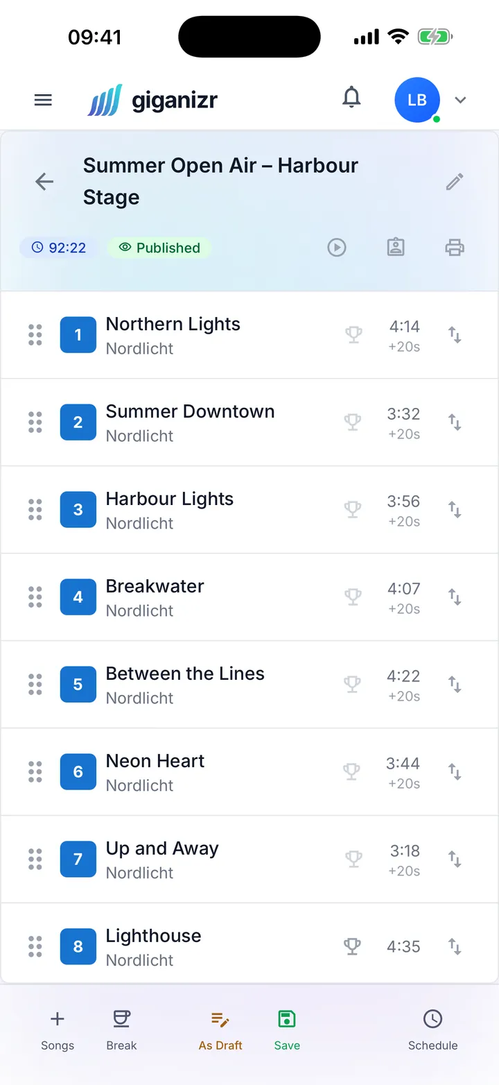 Setlist on the iPhone with numbered songs and running times