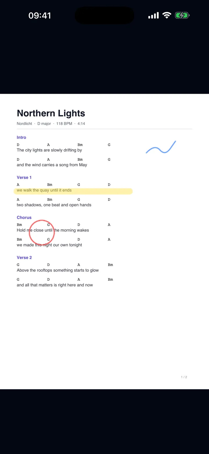 giganizr Stage on the iPhone with sheet music